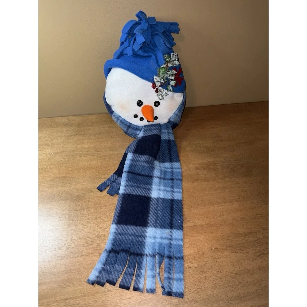 Blue Fleece Snowman Head Tree Topper Christmas Holiday Decor Plaid Scarf 14in